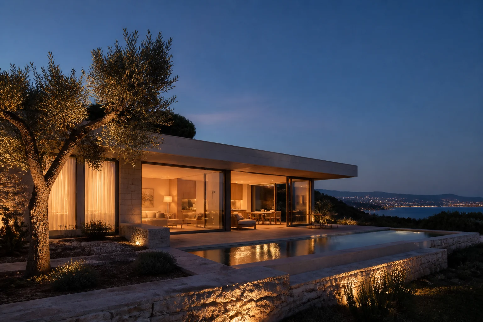 Concepto arquitectónico de una casa mediterránea al atardecer, generado con IA